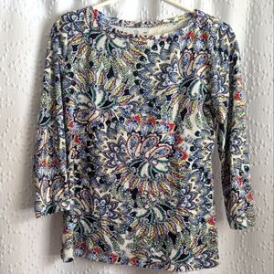 Talbot's Women's Small Pima Cotton Paisley Print 3/4 Sleeve Flowy Boatneck Top